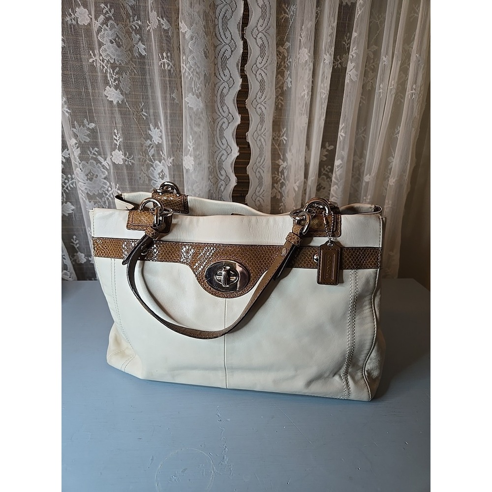 Vintage Coach White Leather, Snake Skin Turn Lock Tote, Silver 2011 S1